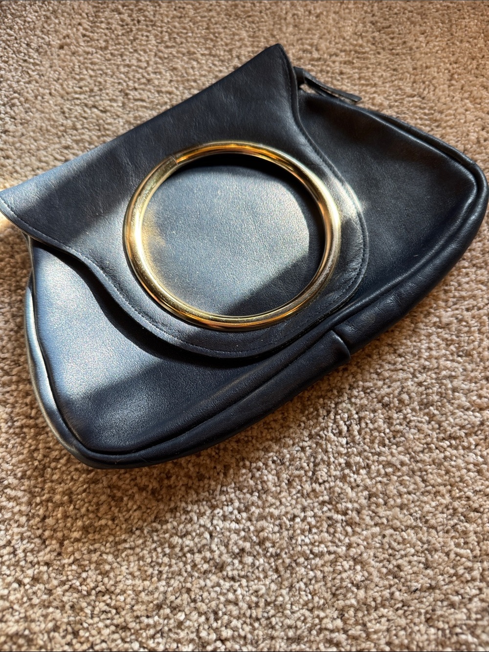 Navy Blue Vintage Leather Clutch with Gold Ring Handle